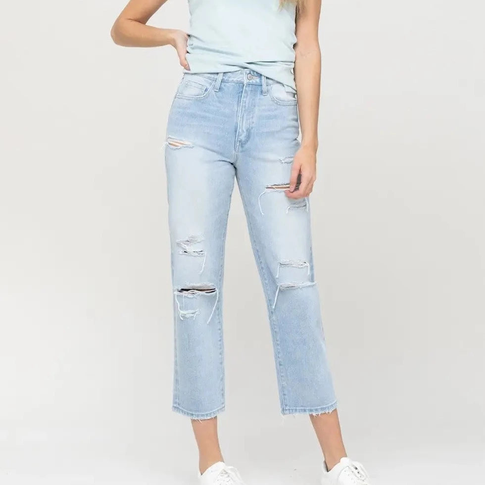 Super HR Distressed Crop Straight Jeans