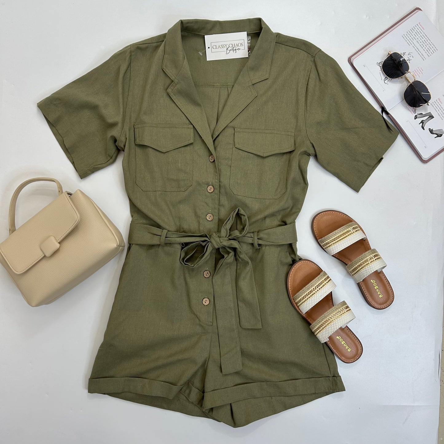 Pale Olive Linen Button Down Romper