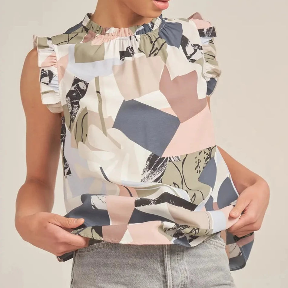 Presley Patterned Ruffle Neck Top