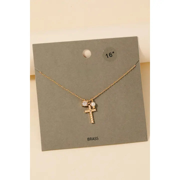 Pearl Cross Charm Necklace