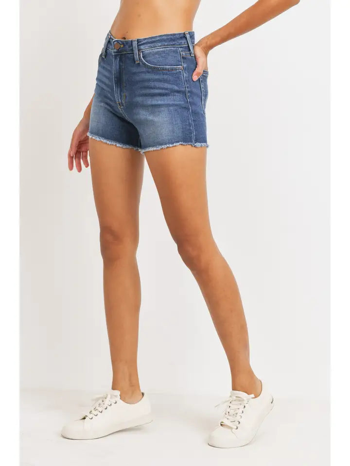 Dark Wash Hi Rise Frayed Hem Short