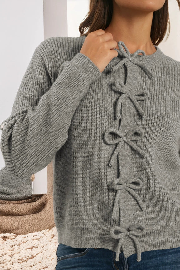 Grey Bow Knit Cardigan