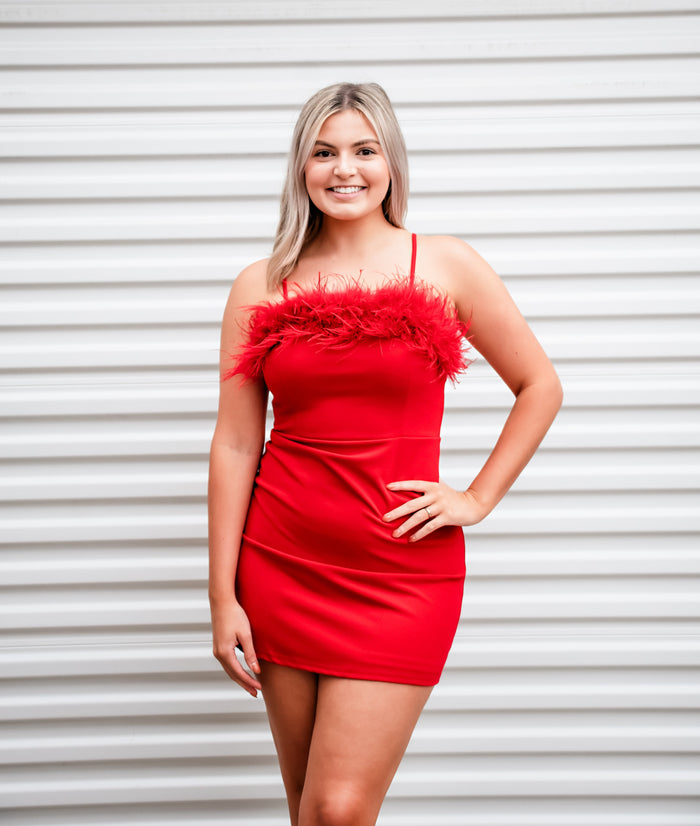 Red Feather Trim Dress