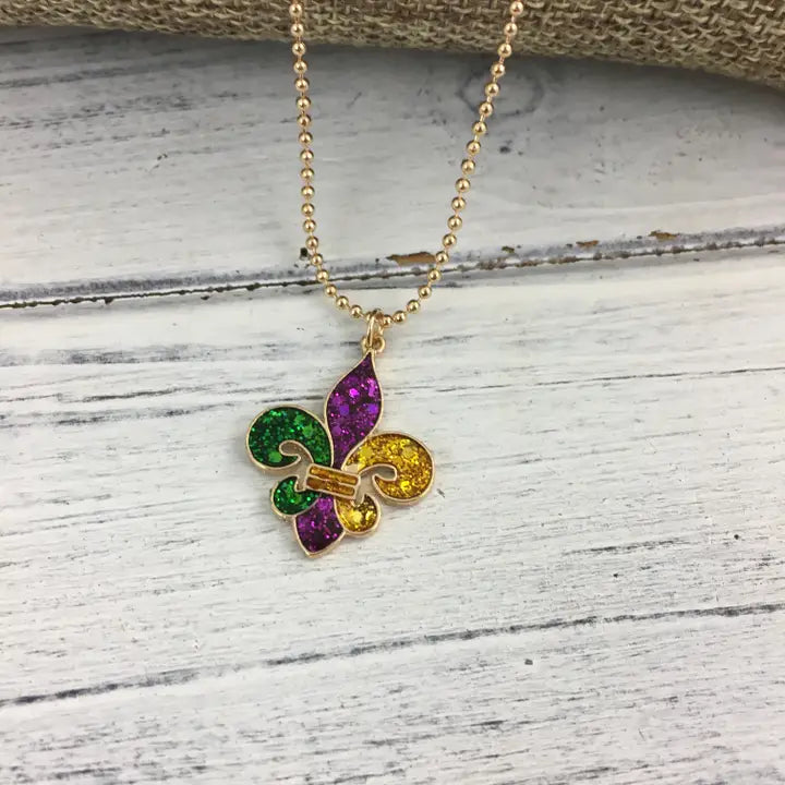 Mardi Gras Glitter Fleur De Lis Necklace