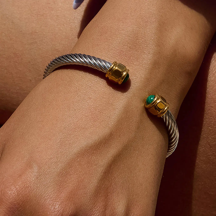 Vail Green Stone Silver Braided Bangle