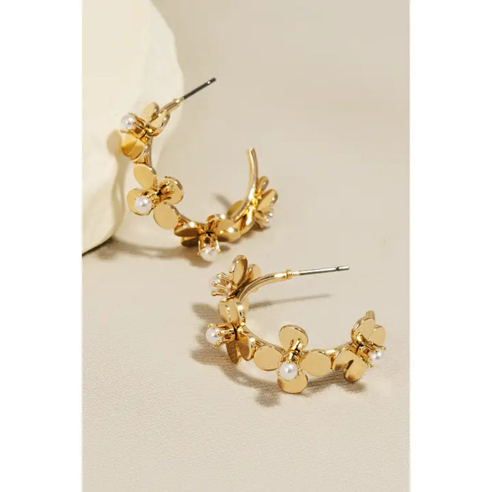 Pearl Studded Flower Hoop Earrings