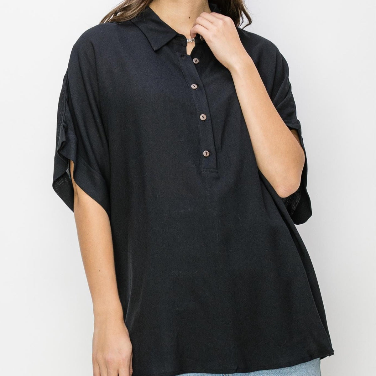 Oversized Collared Half Button Down Top