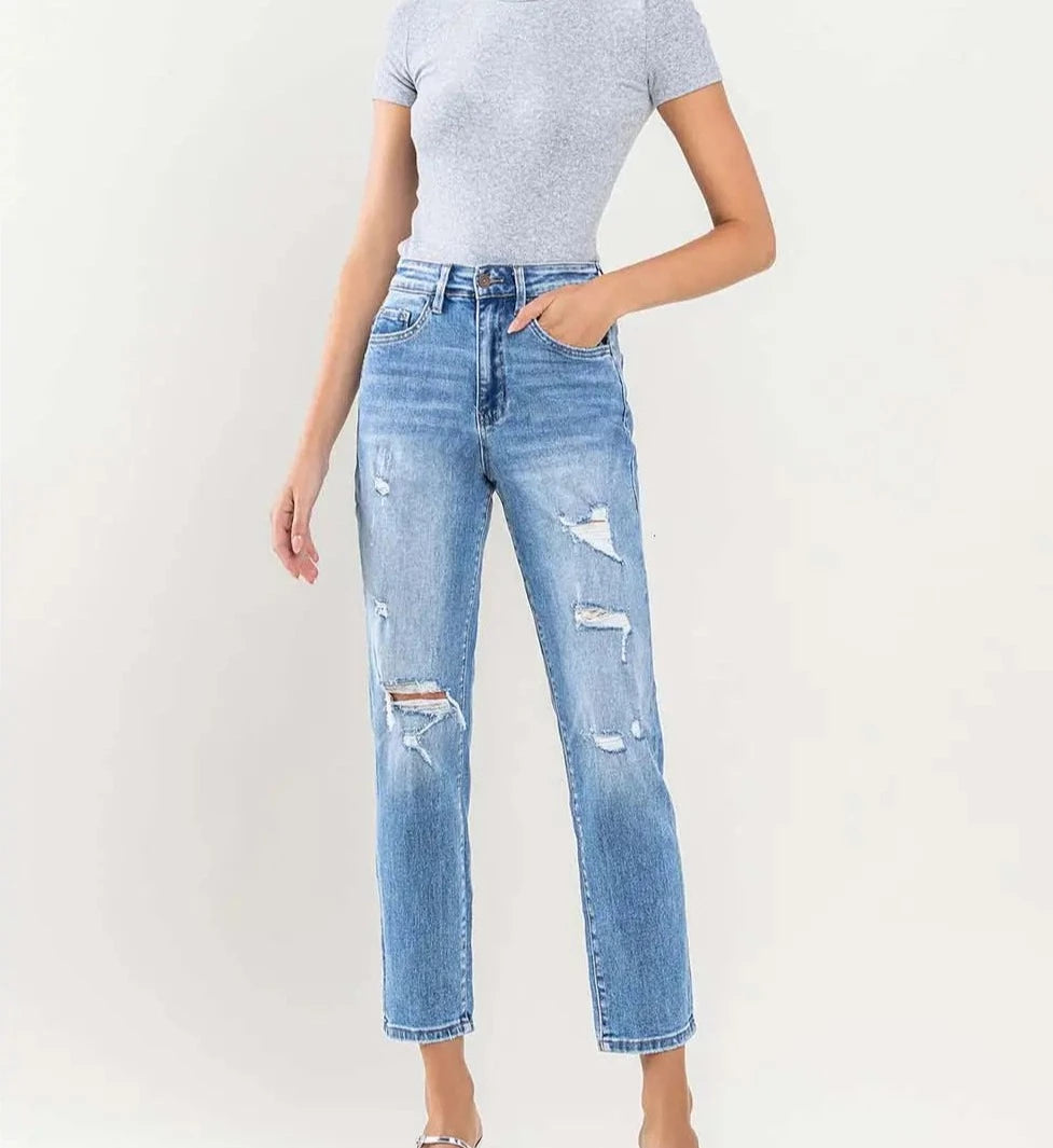 Super HR Distressed Crop MOM Jeans