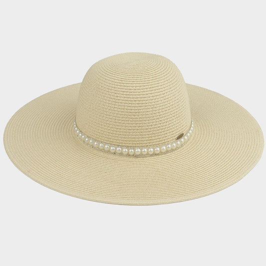Straw Sun Hat with Pearl Trim