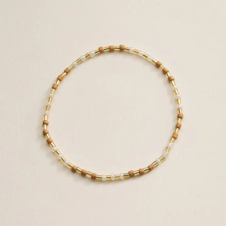 Beaded Heart Charm Stretch Bracelet Set Natural