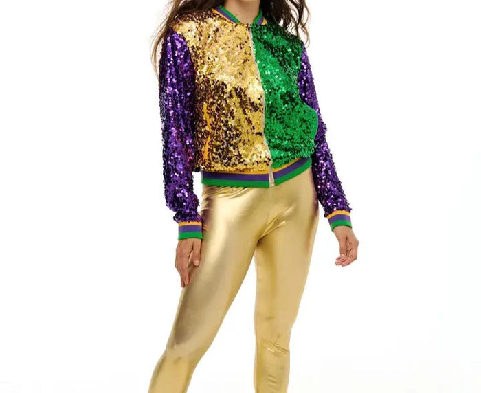 Mardi Gras Sequin Color Block Zip Up Jacket