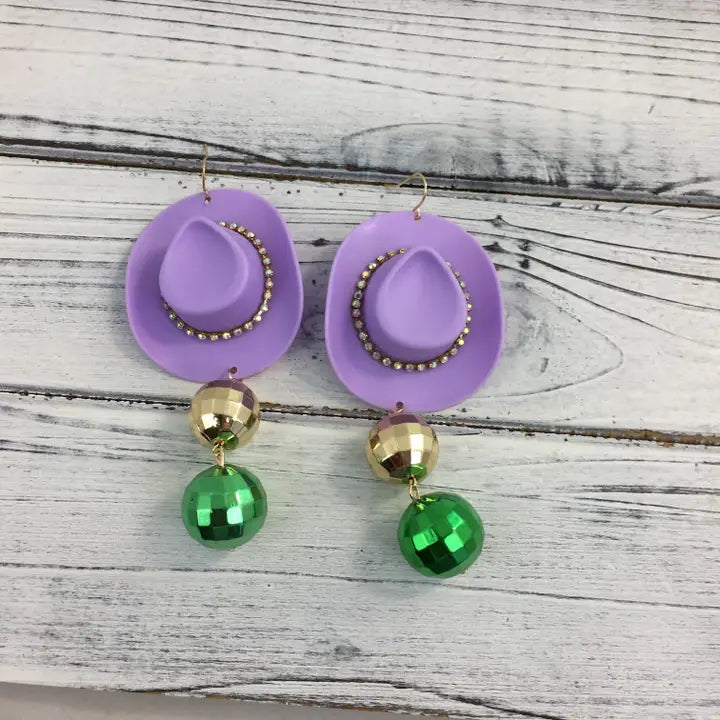 Mardi Gras Cowboy Hat/Disco Ball Earrings