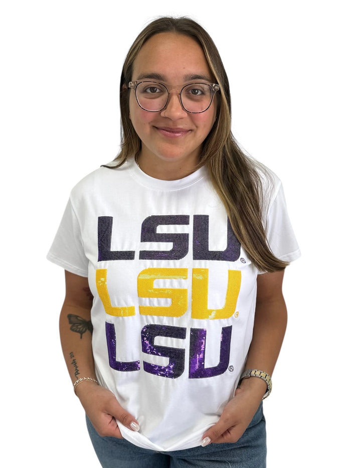 LSU Triple Block Logo Sequin Tee