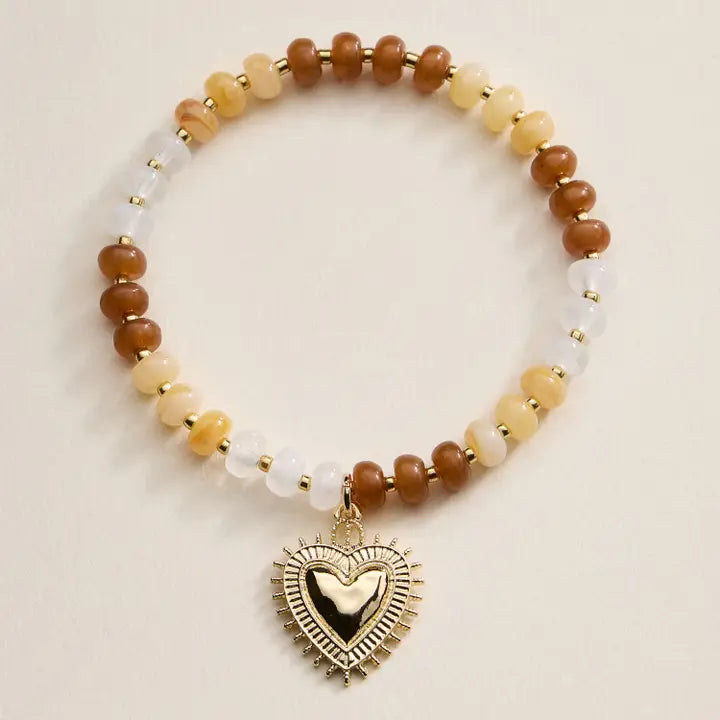 Beaded Heart Charm Stretch Bracelet Set Natural