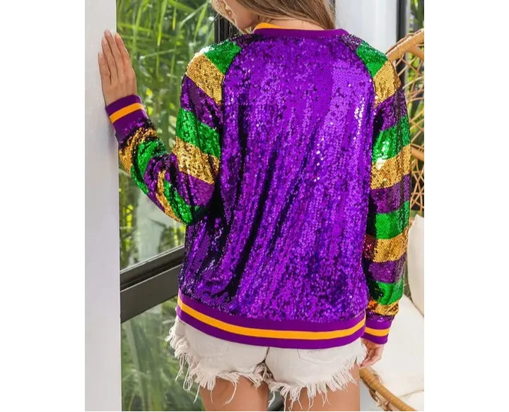 Mardi Gras Color Block Sequin Bomber Jacket