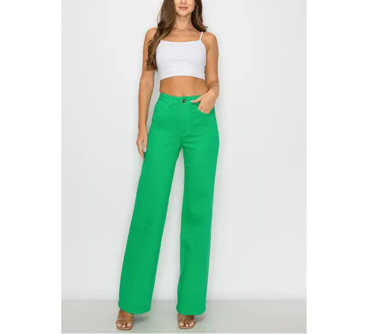 Green HW Wide Leg Jeans