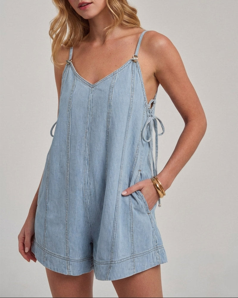 Striped Denim Tie-Back Romper