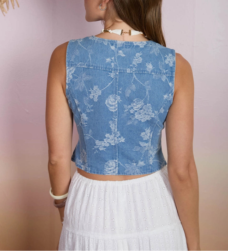 Floral Print Denim Vest