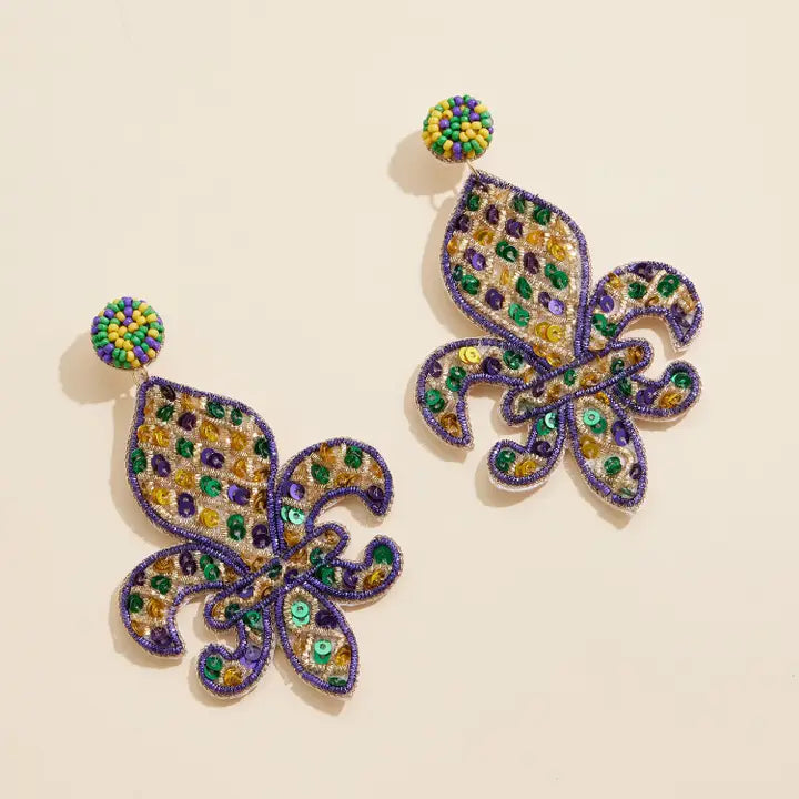 Mardi Gras Fleur De Lis Beaded Earrings