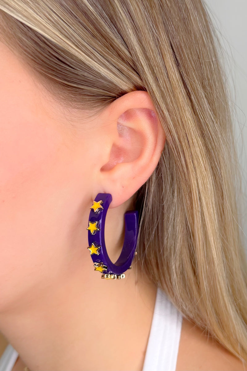 Purple & Gold Star Hoop Earrings