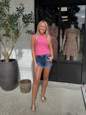 Dark Wash Hi Rise Frayed Hem Short