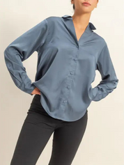 Emi Dusty Navy Satin Button Up