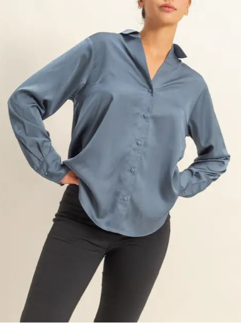 Emi Dusty Navy Satin Button Up