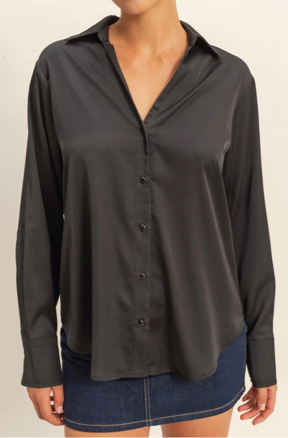 Emi Black Satin Button Up