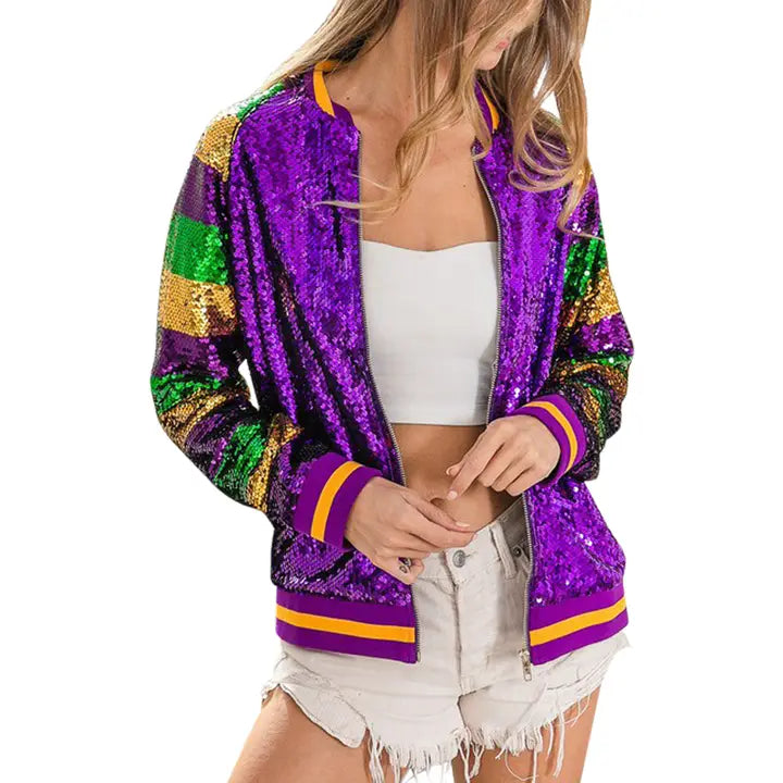 Mardi Gras Color Block Sequin Bomber Jacket