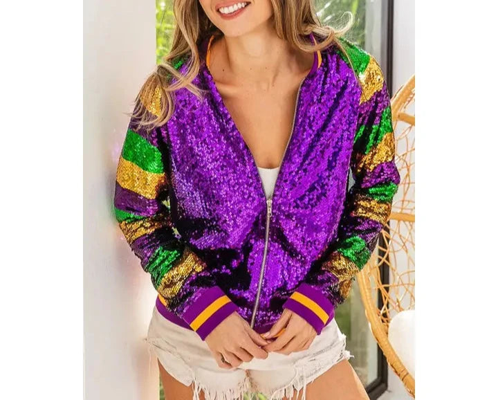 Mardi Gras Color Block Sequin Bomber Jacket