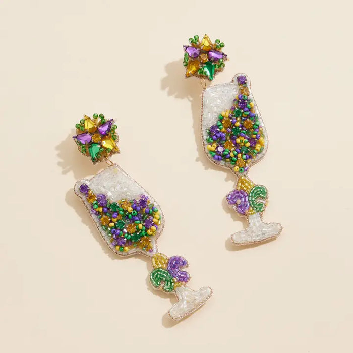 Mardi Gras Wine Glass Earrings