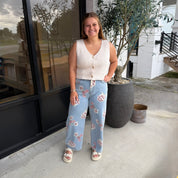 Floral Print Wide Leg Denim Jeans