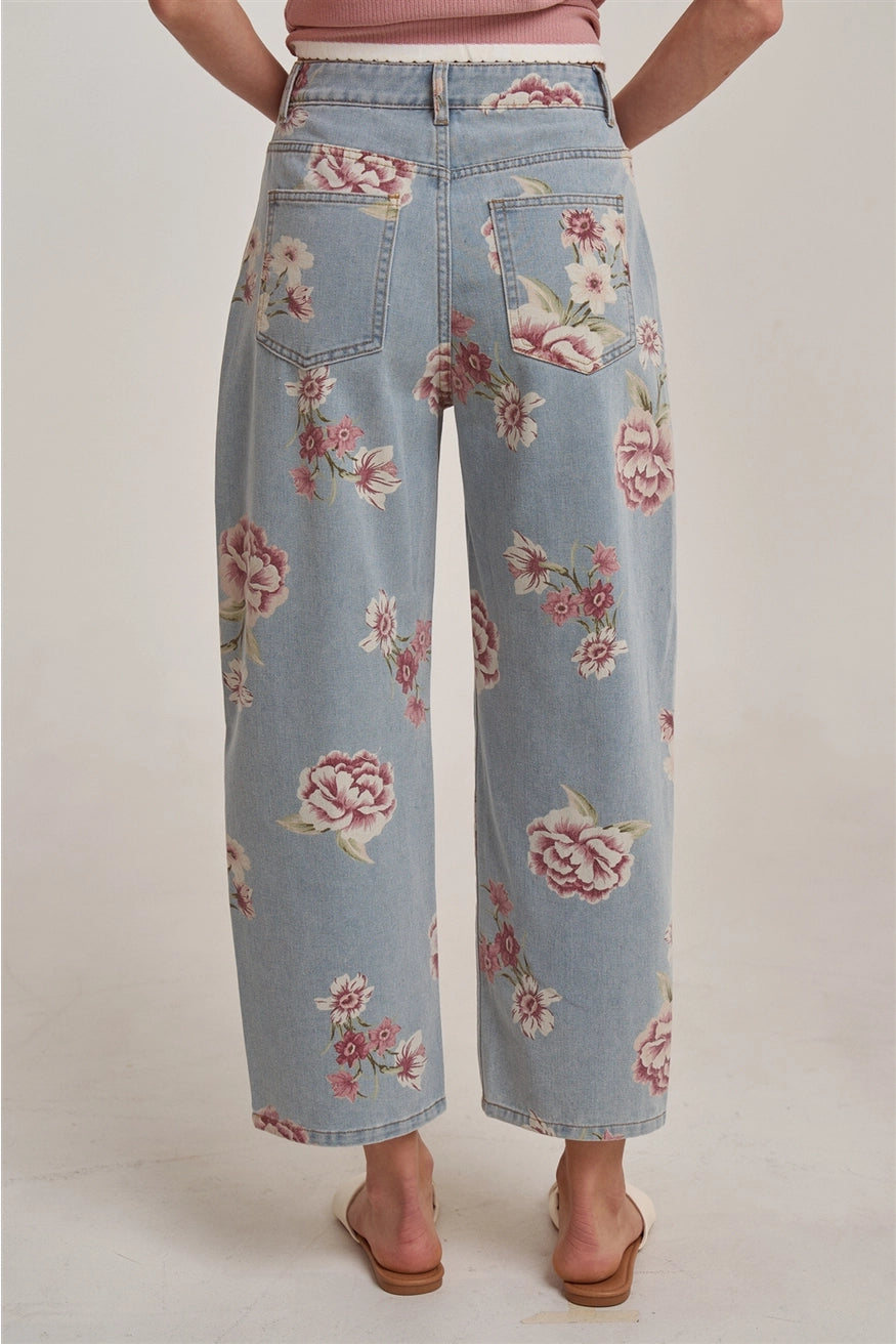 Floral Print Wide Leg Denim Jeans