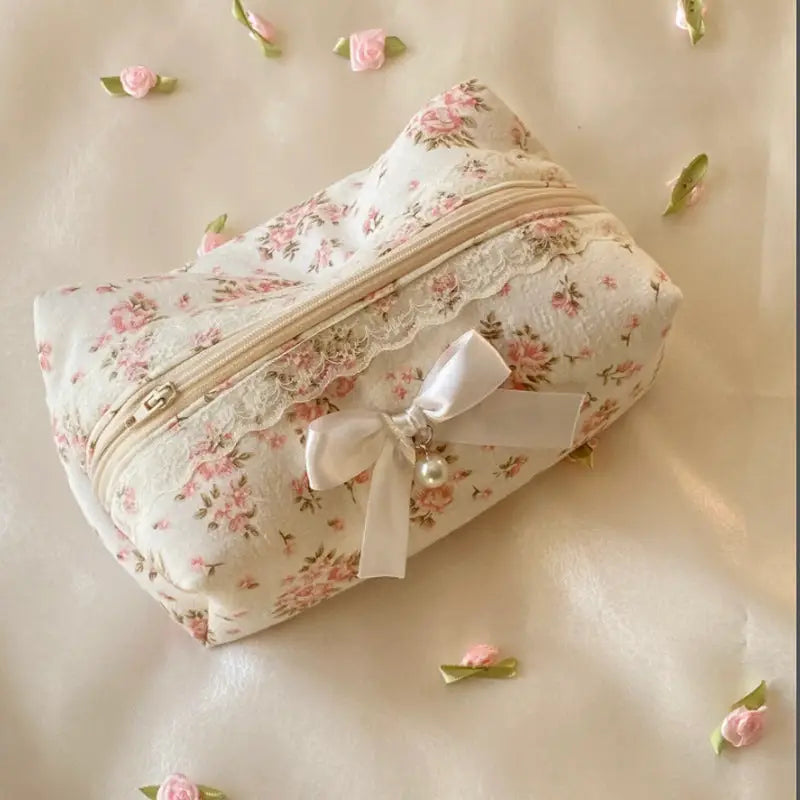 Floral Bow Lace Makeup Bag