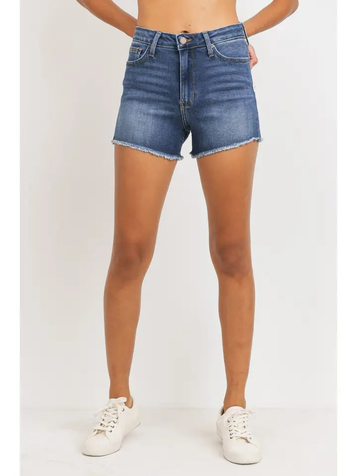 Dark Wash Hi Rise Frayed Hem Short