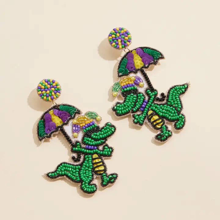 Mardi Gras Alligator Beaded Earrings