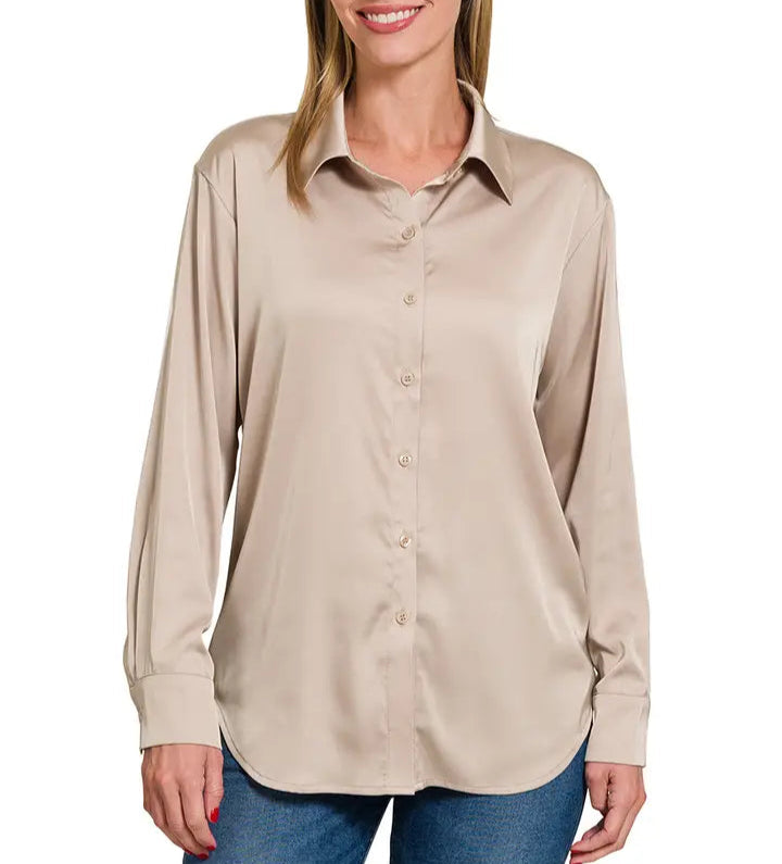 Harmony Satin Button Top Ash Mocha