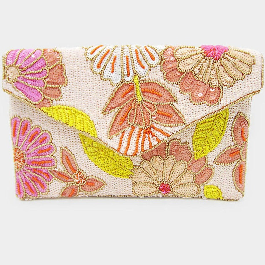 Sequin Flower Leaf Beaded Clutch