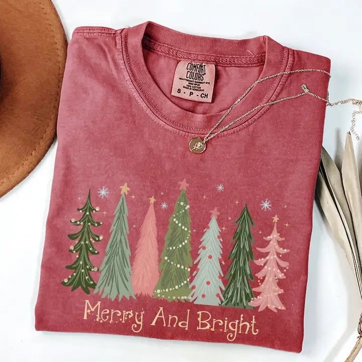 Merry & Bright Christmas Tress Graphic Tee