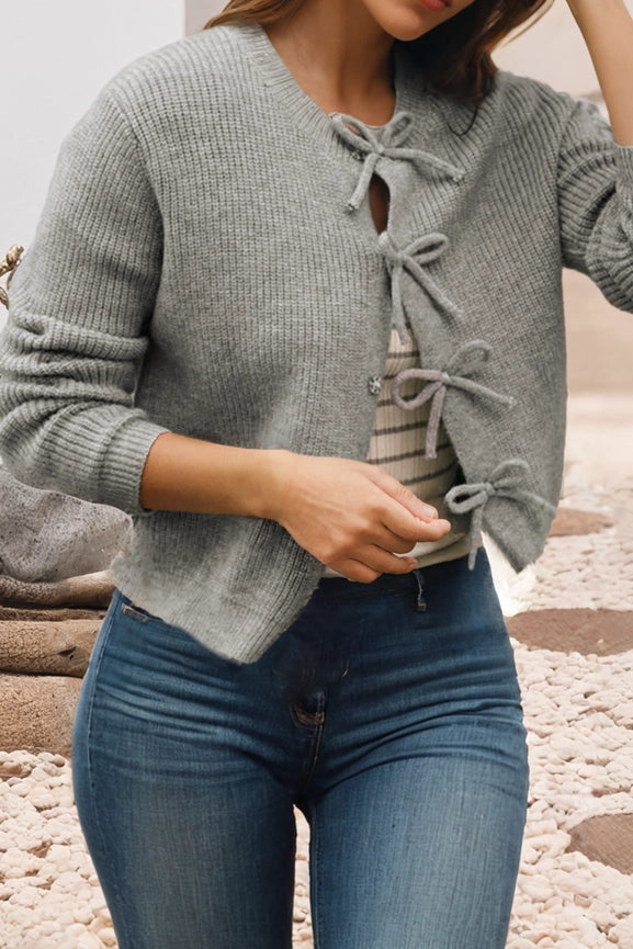 Grey Bow Knit Cardigan