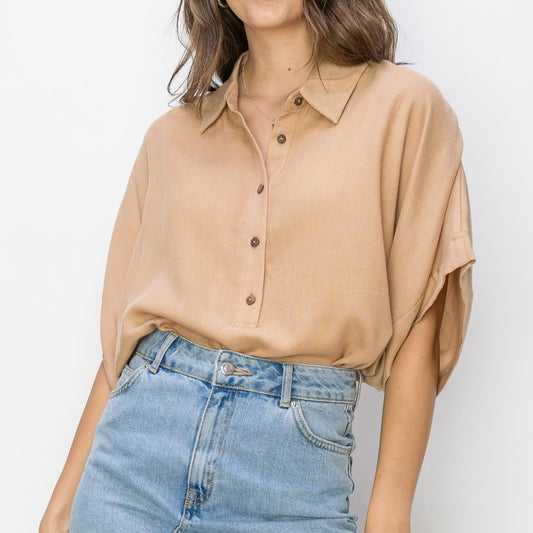 Oversized Collared Half Button Down Top