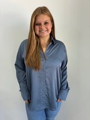 Emi Dusty Navy Satin Button Up