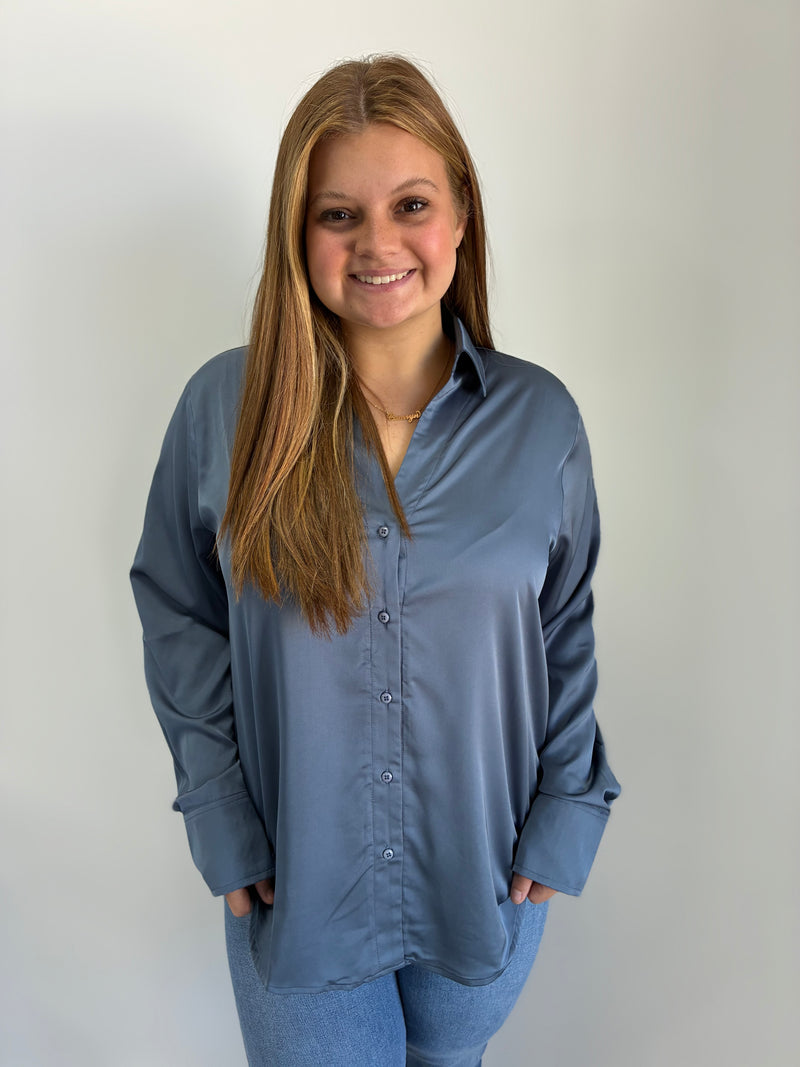 Emi Dusty Navy Satin Button Up