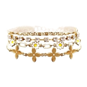 White Flower & Clover Gold Layered Bracelet Stack