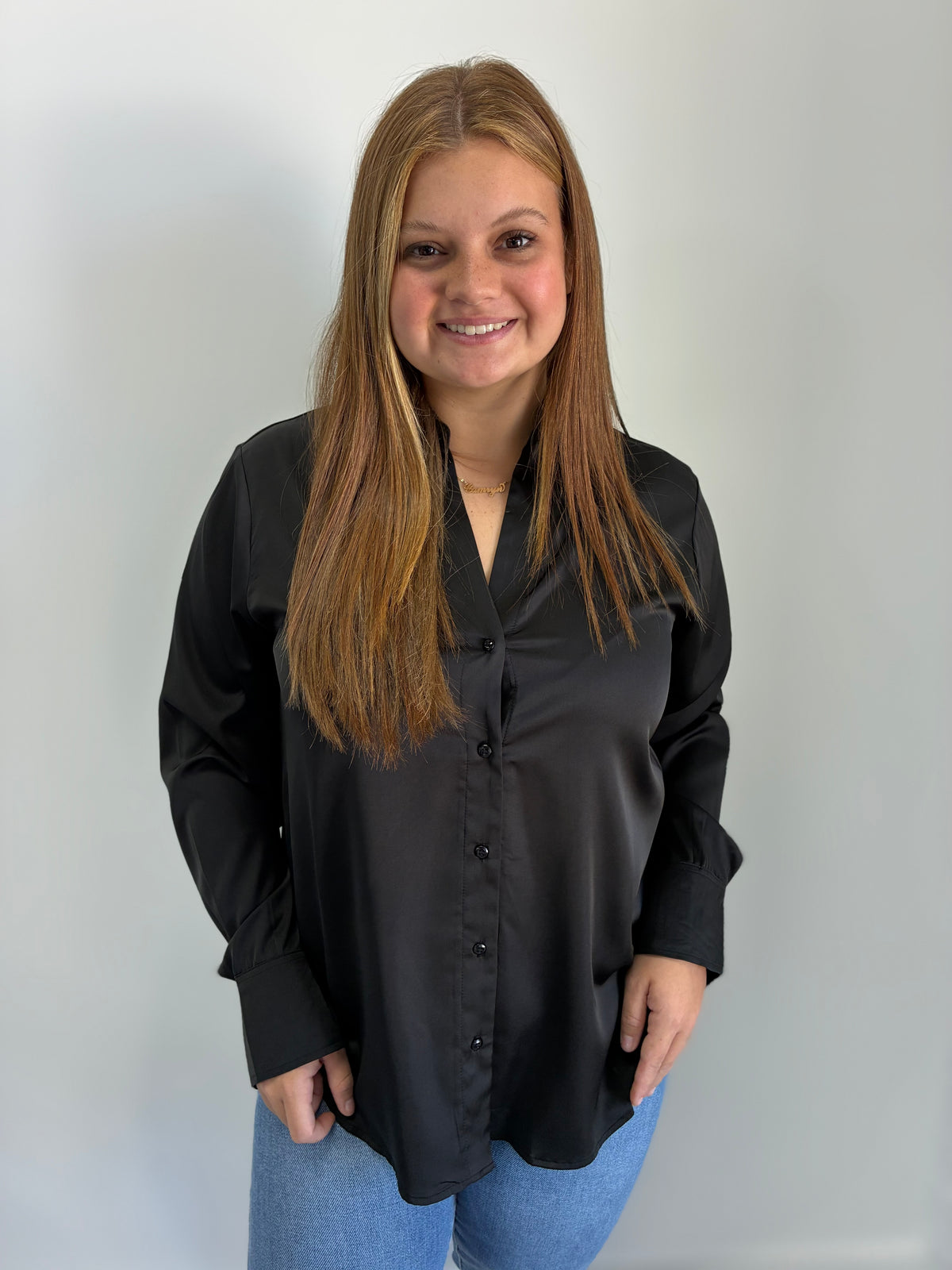 Emi Black Satin Button Up