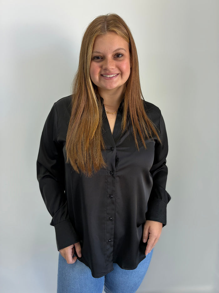 Emi Black Satin Button Up