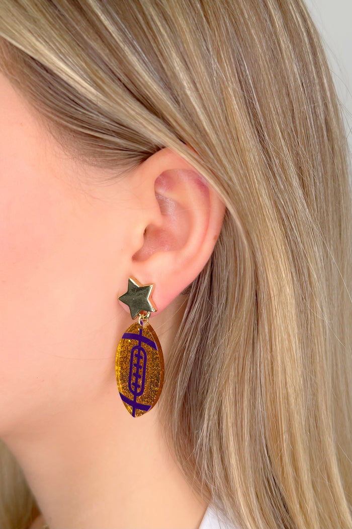 Purple & Gold Glitter Football Earrings