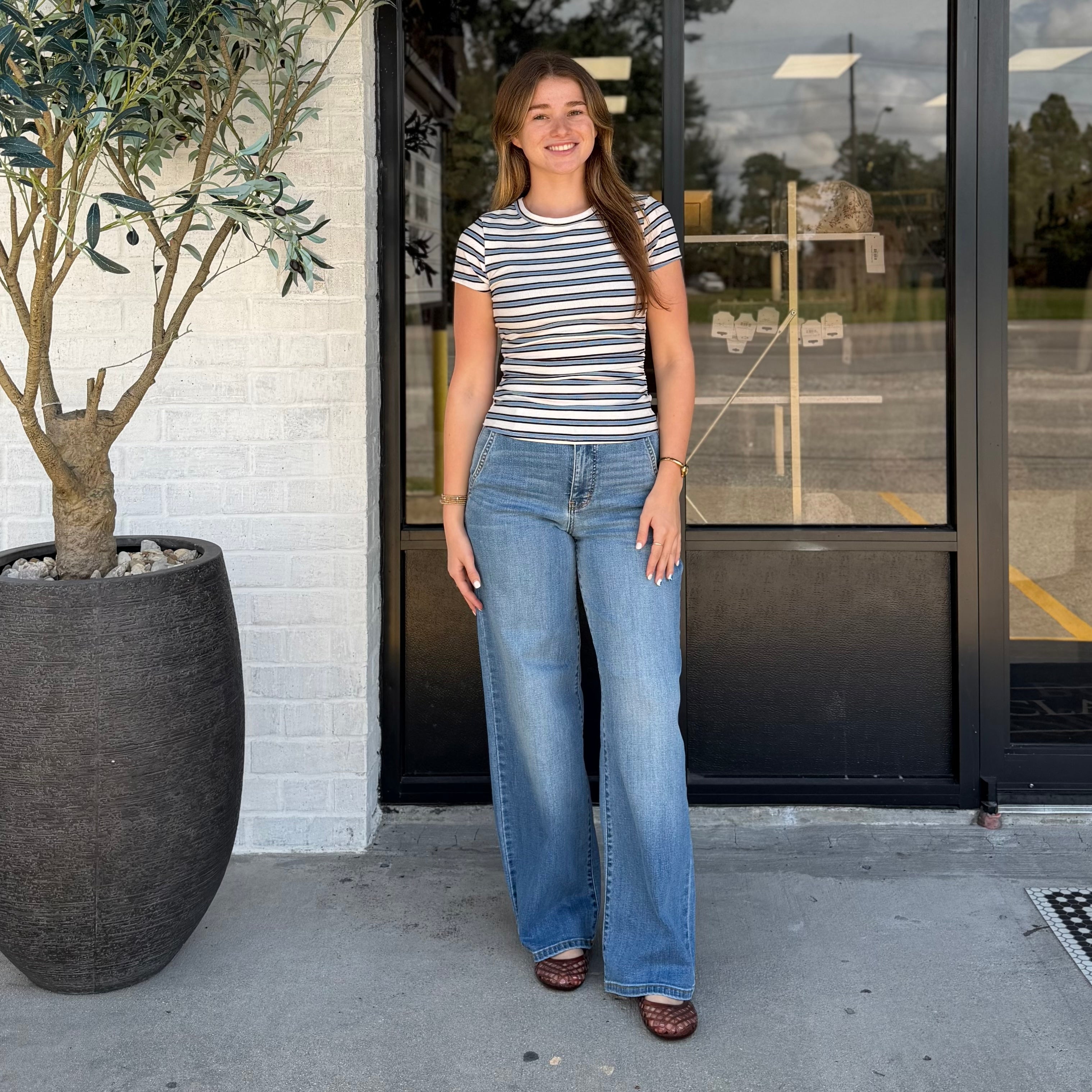 The Allie Striped Ribbed Tee White/Blue