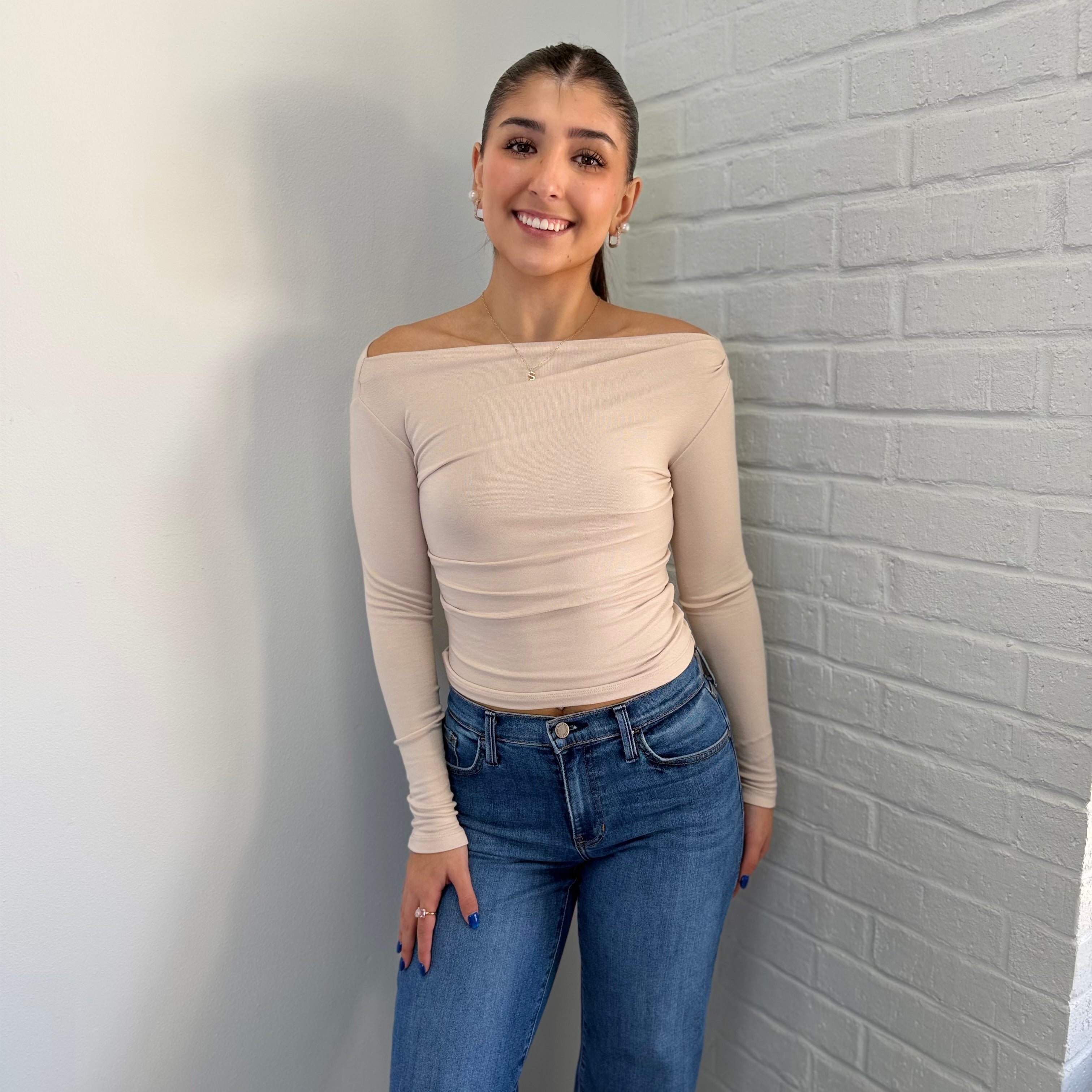 The Pintuck Boatneck Top Lt Khaki