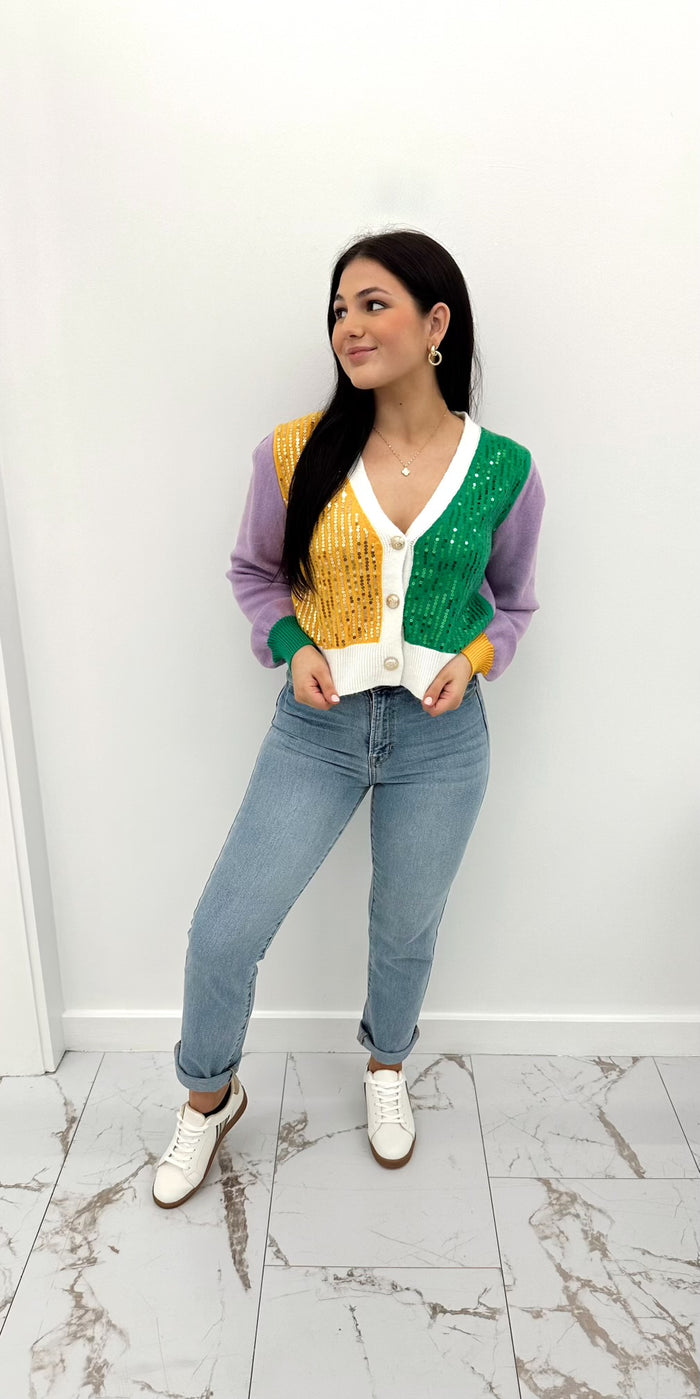 Mardi Gras Color Block Sequin Cardigan